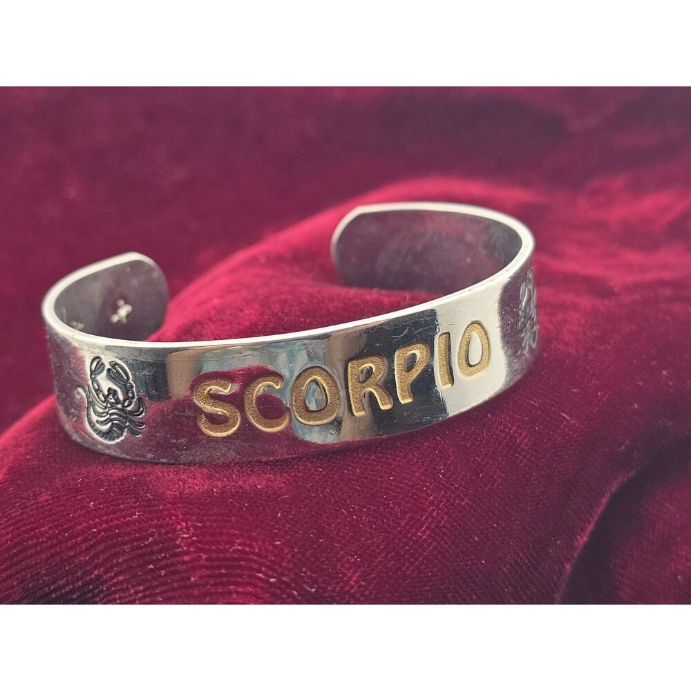 Scorpio Zodiac Cuff Bracelet Silver Tone Gold Accent Star Cutout Steel Unisex
